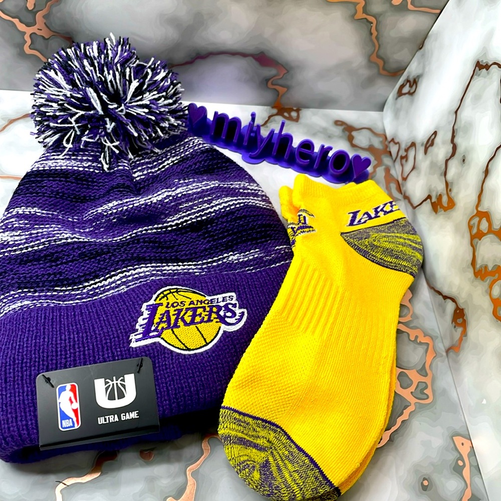 2pc I LOVE LA! bundles with Lakers Pom Beanie and Lakers socks